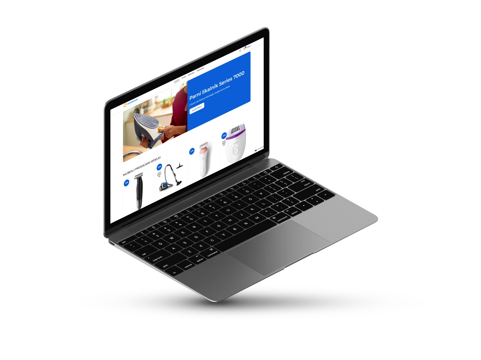 Technomazon spletna trgovina prikazana na laptopu — optimizirana za vse naprave